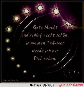 Gute Nacht Gruß auf einem dunklen Hintergrund mit Sternen und zwei Herzen.