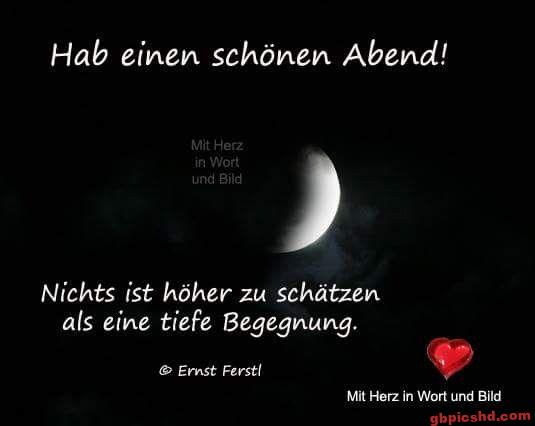 Teilweise beleuchteter Mond mit abendlichem Gruß in deutscher Sprache.