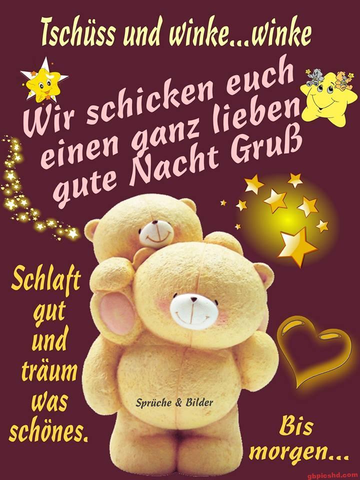 Zwei kuschelige Bären senden einen liebevollen gute Nacht Gruß mit Sternen und Herz.