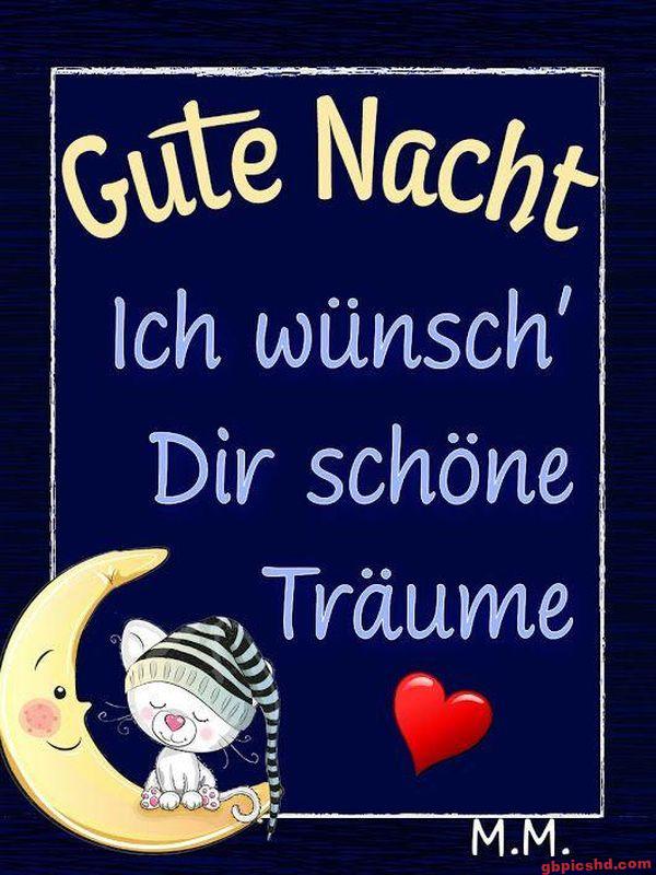Illustration eines Mondes mit Katze und Gute-Nacht-Wunsch auf Deutsch.