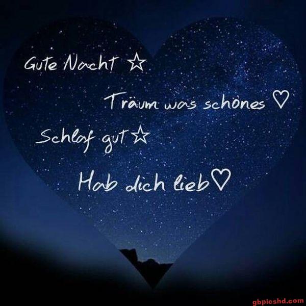 Herzförmiger Nachthimmel mit liebevollem Gute-Nacht-Gruß in deutscher Sprache.