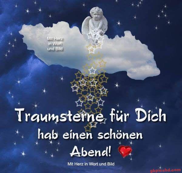 Ein Engel auf einer Wolke mit sternenförmigen Traumsternen in der Nacht, mit Wunsch für einen schönen Abend.