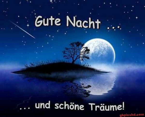 Nachthimmel mit großem Mond und Baum auf Insel, Text wünscht gute Nacht und schöne Träume.