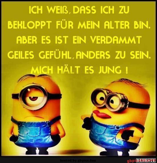 Zwei Minions in blauer Latzhose, typisch gelb, die eine humorvolle Botschaft über das Anderssein zeigen.