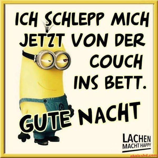 Ein Minion erzählt, dass er sich von der Couch ins Bett schleppen wird, mit einer Gute Nacht Botschaft.