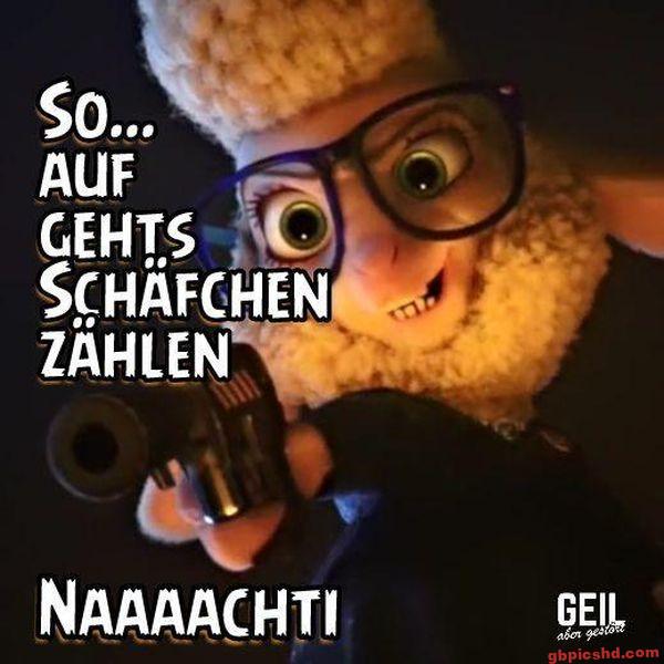Lustiges Schaf mit Brille und Taschenlampe, das zum Einschlafen auffordert, Gute Nacht Gruß.