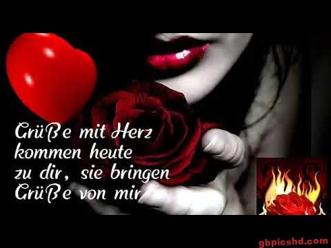 Frau hält rote Rose und Herz, Text mit herzlichen Grüßen in Deutsch.
