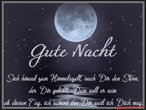 Nachtszene mit Mond, Sternen und Gute-Nacht-Gruß in deutscher Sprache.