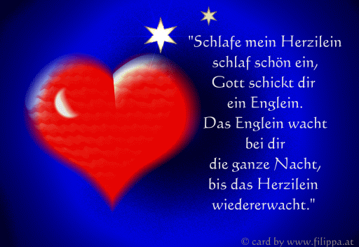 Rotes Herz mit Mond und Sternen auf blauem Hintergrund mit Gutenacht-Spruch.