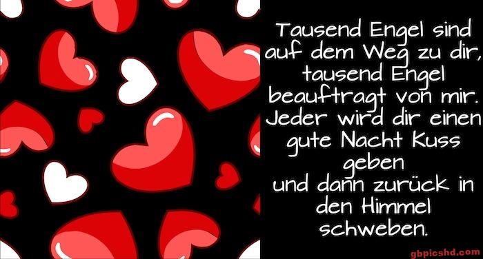Herzen auf schwarzem Hintergrund mit Gute-Nacht-Gedicht in deutscher Sprache.