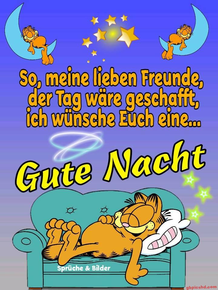 Garfield liegt schlaff auf einem Sofa, begleitet von einem Gute-Nacht-Wunsch in deutscher Sprache.