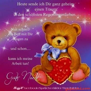 Ein Teddybär mit Herz schickt eine Gute-Nacht-Botschaft in buntem Glitzerhintergrund.
