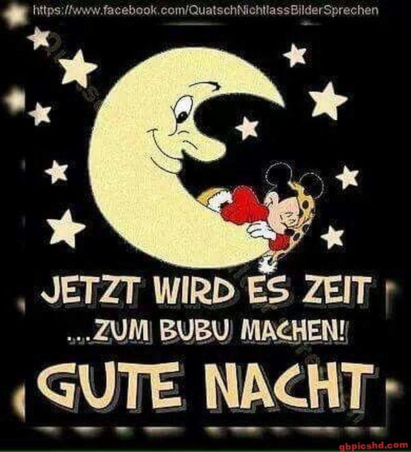 Gelber Mond mit Gesicht hält schlafende Figur vor Sternenhintergrund, Gute Nacht Gruß.