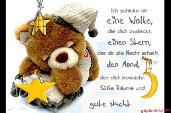 Niedlicher Teddybär mit Stern und Schlafmütze, Gute-Nacht-Gruß in deutscher Sprache