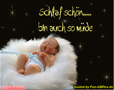 Schlafendes Baby auf flauschigem Kissen vor schwarzem Hintergrund mit Sternen, zum Thema Schlaf und Müdigkeit.