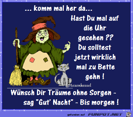 Freundliche Hexe mit Besen und Katze wünscht auf dunklem Hintergrund gute Nacht.