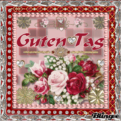 Blumenstrauß mit Rosen und Blüten in einem verzierten Rahmen zur Begrüßung mit 'Guten Tag'.