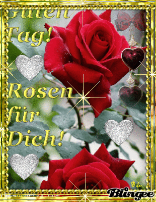Zwei rote Rosen mit funkelnden Herzen und goldenem Rahmen als Gruß zum guten Tag.