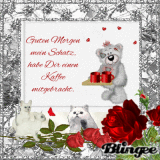 Zwei weiße Teddybären mit roten Rosen und Geschenk, romantischer Guten-Morgen-Gruß mit Kaffee.