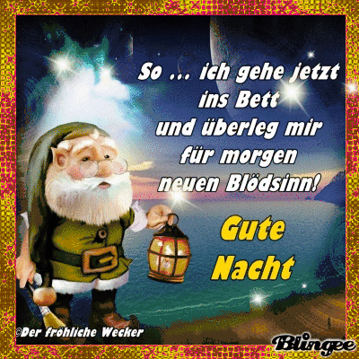 Ein Zwerg mit Lampe am Wasser bei Nacht, Gruß zum Schlafengehen.