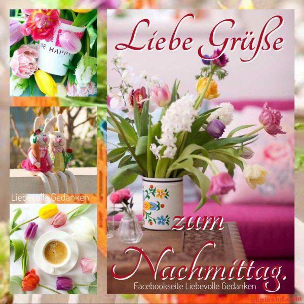 Frühlingshafte Collage mit bunten Blumen, Hasenfiguren und Kaffee für einen gemütlichen Nachmittag.