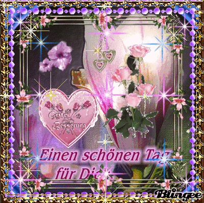Rosa Rosen mit glitzerndem Rahmen und herzförmigem Element, freundlicher deutscher Gruß.