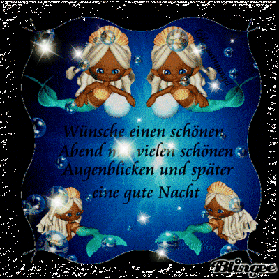 Vier kleine Meerjungfrauen auf blauem Hintergrund mit Abend- und Gute-Nacht-Wünschen.