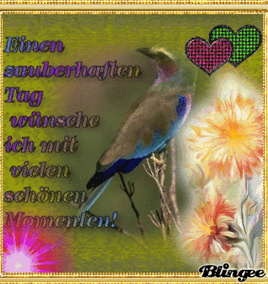 Vogel auf Ast mit bunten Blumen und Herzen als Gruß für einen zauberhaften Tag.