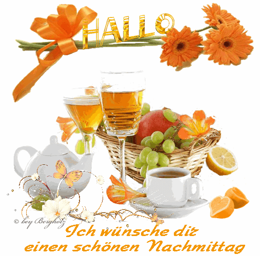 Ein einladendes Bild mit orangefarbenen Blumen, Tee, Kaffee und Früchten zum Nachmittagsgruß.