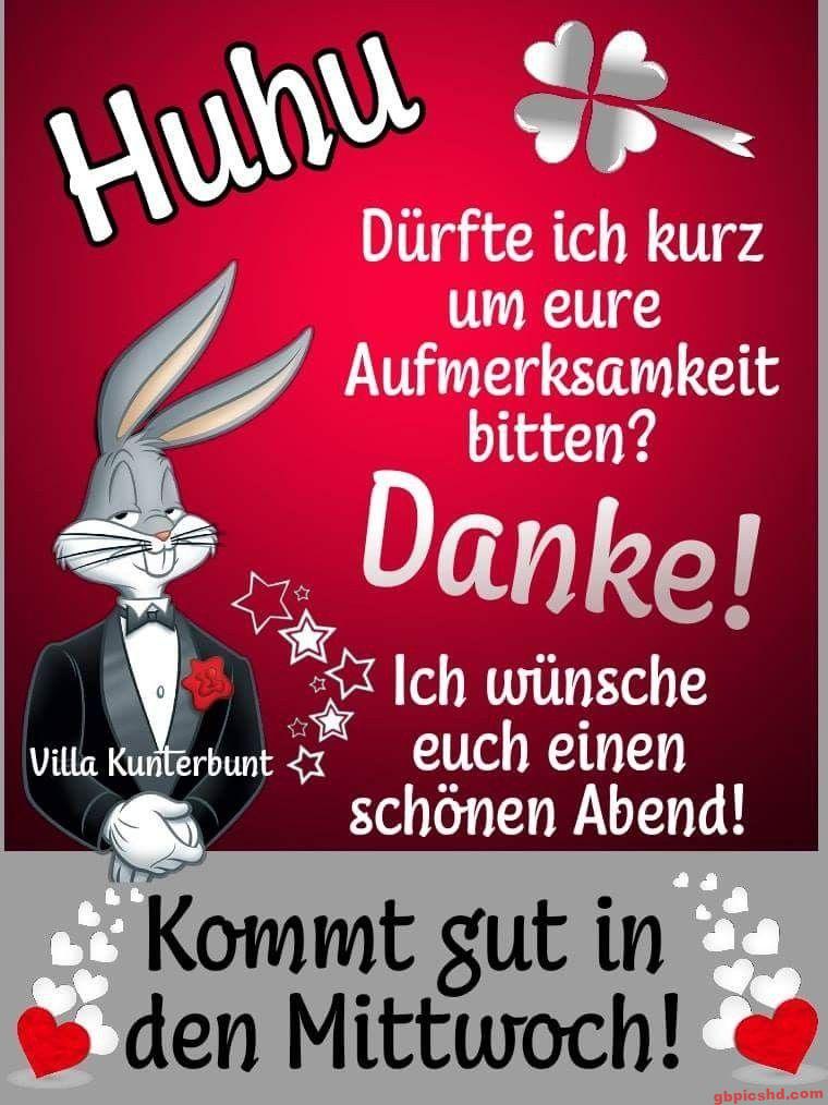 Bugs Bunny in einem schwarzen Anzug mit rotem Hintergrund, der einen schönen Abend und guten Mittwoch wünscht.