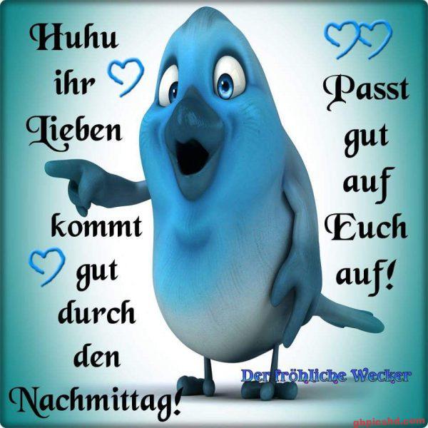 Fröhlicher blauer Vogel mit herzförmigen Symbolen und einem Gruß für einen schönen Nachmittag.