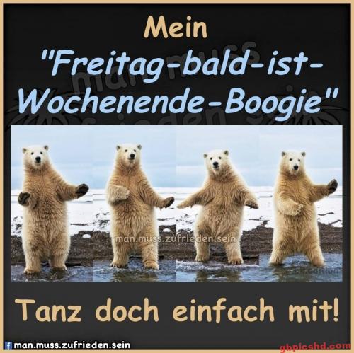 Vier Eisbären tanzen in einer verschneiten Umgebung, Stimmung ist fröhlich und einladend.