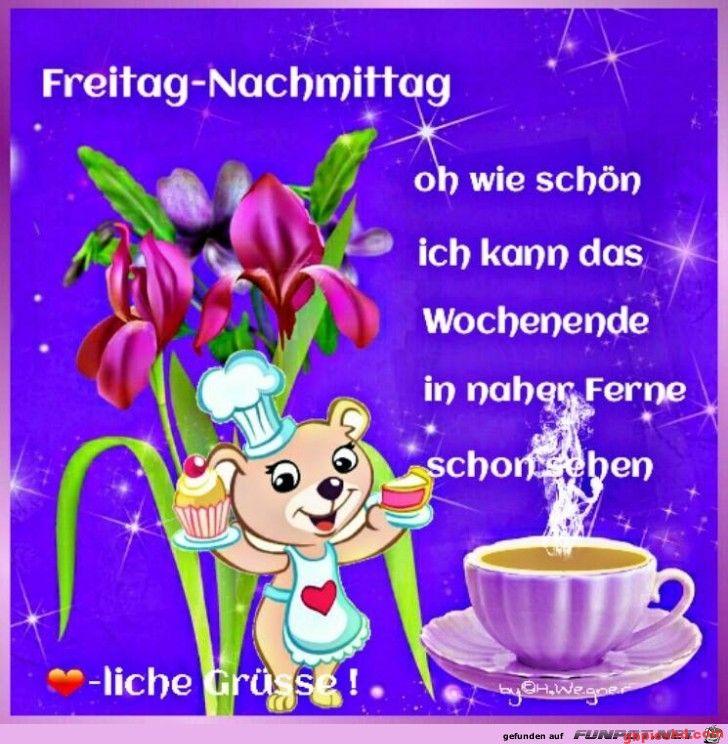 Fröhlicher Bär mit Cupcakes, lila Blumen und Teetasse zum Freitag-Nachmittag-Gruß.