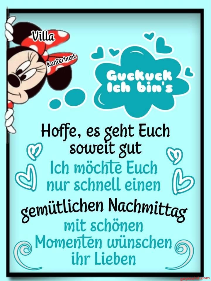 Minnie Maus mit roter Schleife grüßt zum gemütlichen Nachmittag mit Herzmotiven.