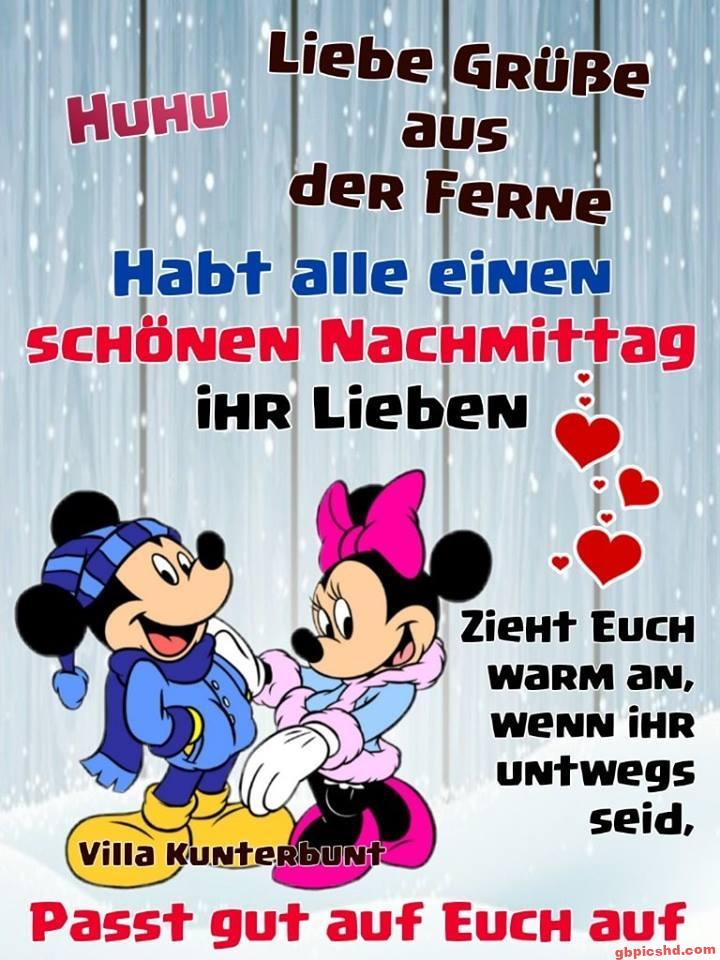 Mickey und Minnie Mouse in Winterkleidung mit einem herzlichen Nachmittagsgruß und Schneehintergrund.