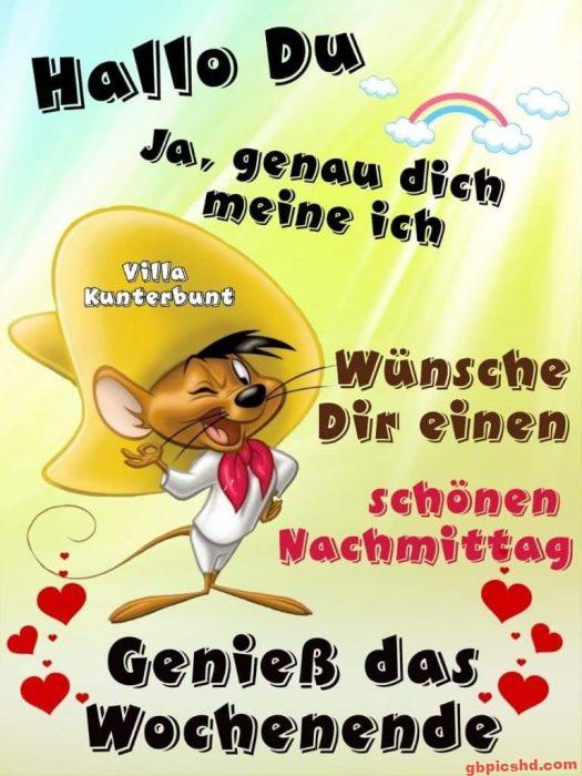 Fröhliche Comicmaus mit großem Hut wünscht einen schönen Nachmittag und ein schönes Wochenende.