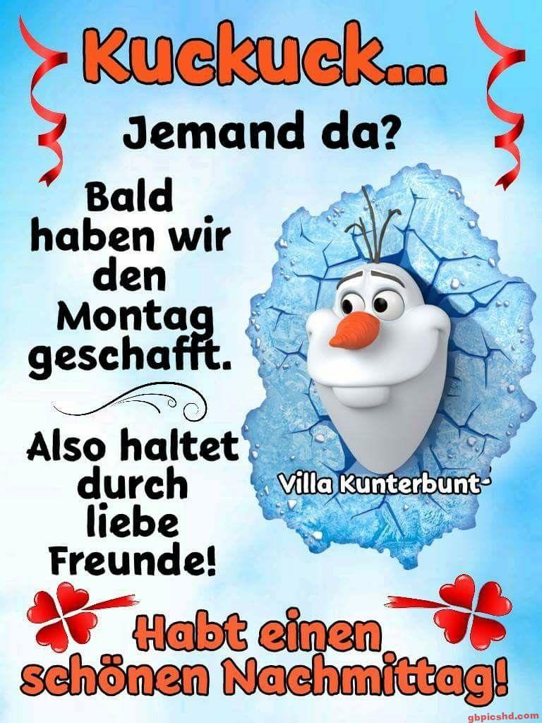Olaf-Schneemann vor Eisstruktur mit aufmunterndem Montag-Nachmittag-Gruß in fröhlichen Farben