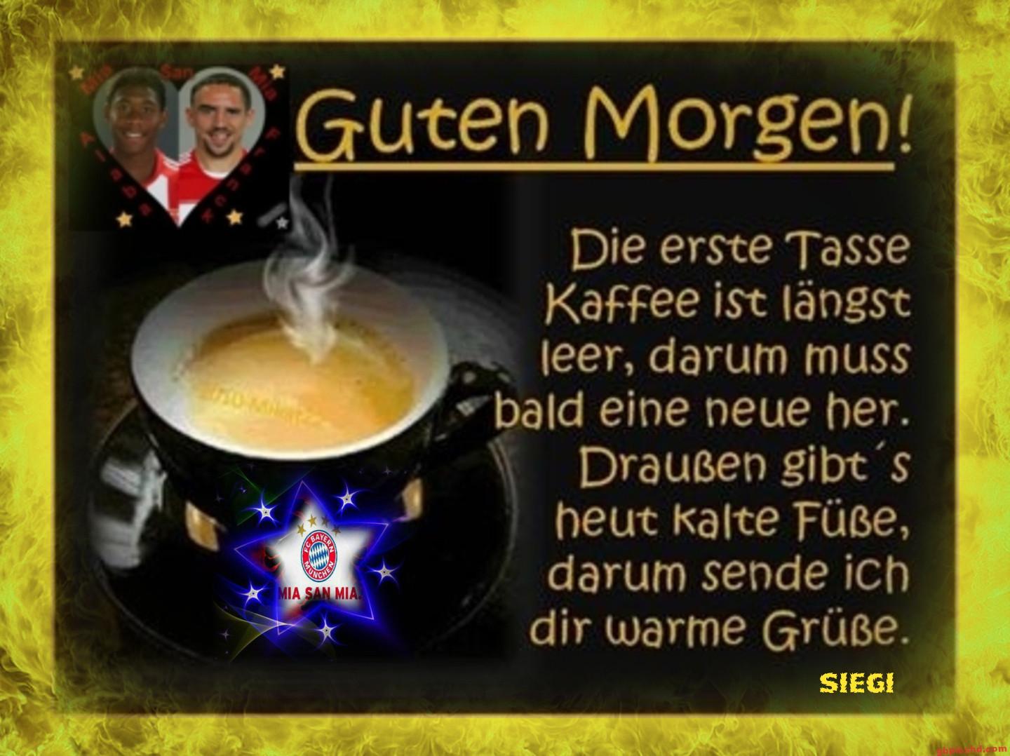 Guten Morgen Bild mit dampfender Kaffeetasse und freundlichem Morgengruß in Gelb auf dunklem Hintergrund.