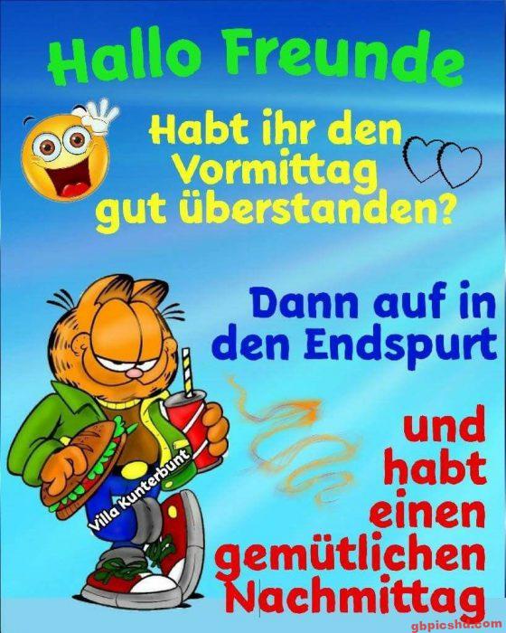 Garfield grüßt freundlich und wünscht einen gemütlichen Nachmittag mit einem Sandwich und Getränk.