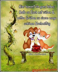 Illustration von Hund und Katze an Tisch mit Tasse, freundliche Nachmittagsgrüße in deutscher Sprache.