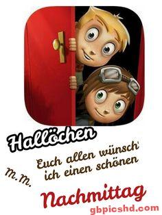 Zwei Kinder schauen hinter einer roten Tür hervor und wünschen einen schönen Nachmittag.