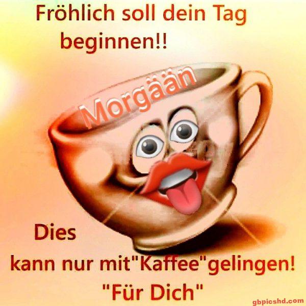 Lustige Kaffeetasse mit Gesicht und guter-Laune-Gruß für einen fröhlichen Start in den Tag.