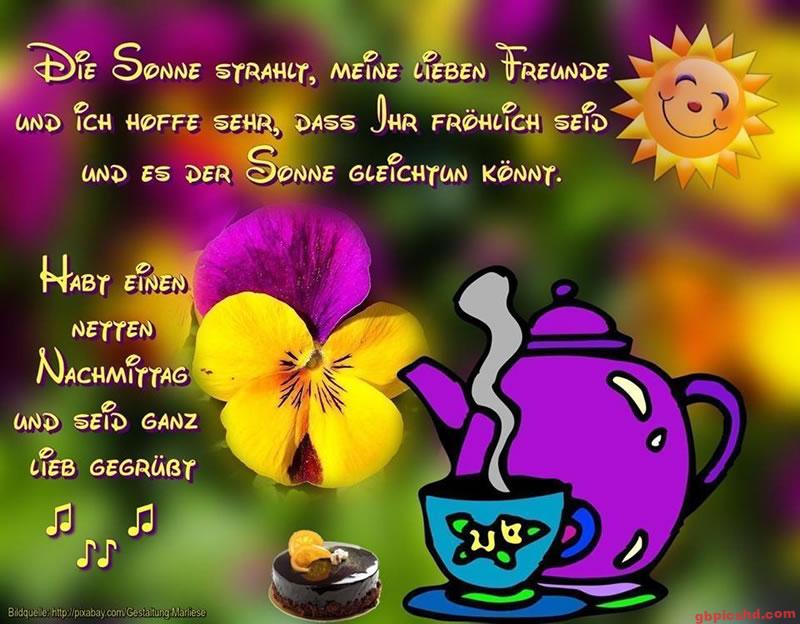 Fröhliche Grußkarte zum Nachmittag mit Sonne, Blume, Tee und Kuchen.