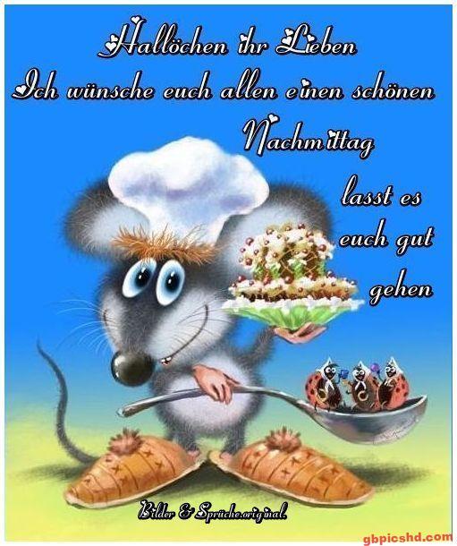 Cartoon-Maus mit Kochmütze und Nachmittagsgruß in deutscher Sprache.