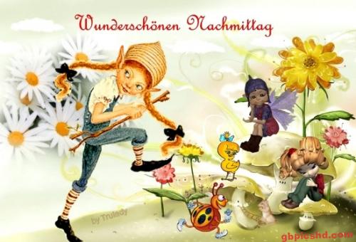 Fröhliche bunte Fantasieszene mit einer Figur und kleinen Fabelwesen neben Blumen, Gruß zum Nachmittag.