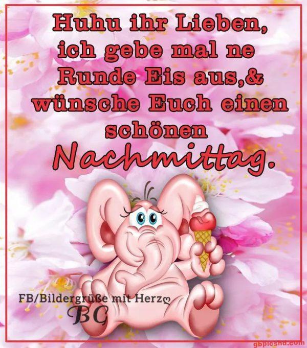 Cartoon-Elefant mit Eis vor rosa Blütenhintergrund, freundlicher Nachmittaggruß.