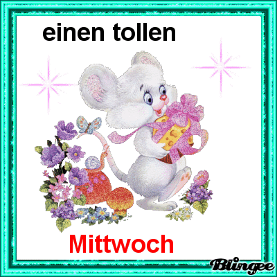 Niedliche Maus mit Geschenk und Blumen zu einem schönen Mittwoch.