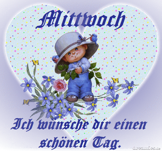 Niedlicher Teddybär mit Hut und Blumen vor Herz, wünscht einen schönen Mittwoch.