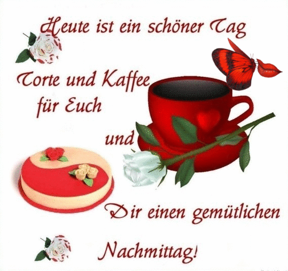 Roter Kaffeebecher mit Torte, weißer Rose und Schmetterling als Gruß für einen gemütlichen Nachmittag.