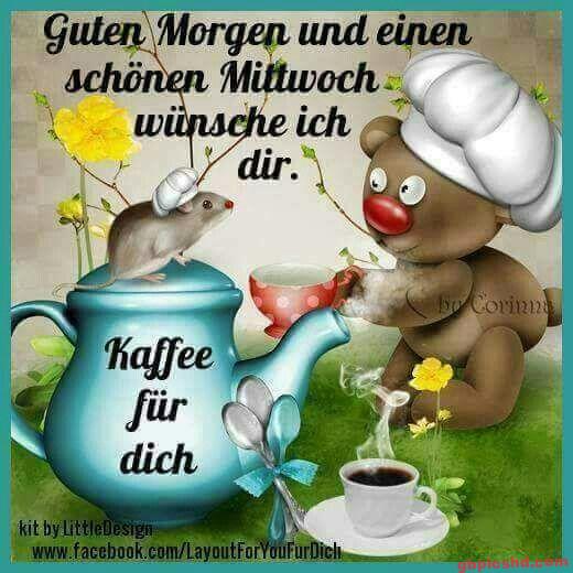 Niedlicher Bär mit Kochmütze, Maus auf Kaffeekanne und dampfender Kaffee am Mittwochmorgen.